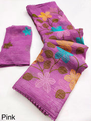 Party-wear Viscose Crunchy Silk Floral Design Embroidery Thread Work Saree