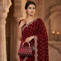 Party-wear Space Silk With Real Gold Beads With Cutwork Border Saree