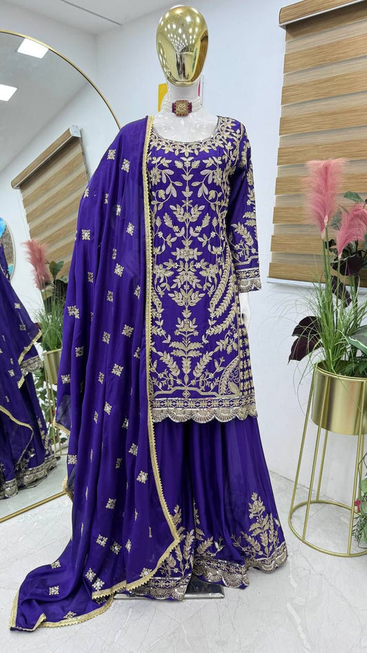 Beautiful Chinon Silk Embroidery Coding Sequence Work Sharara