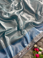 Elegant Sky Blue Banarasi Tissue silk With Silver Zari Checks Saree
