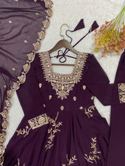 Party-wear Wine Georgette Sequence Embroidery Work Gown
