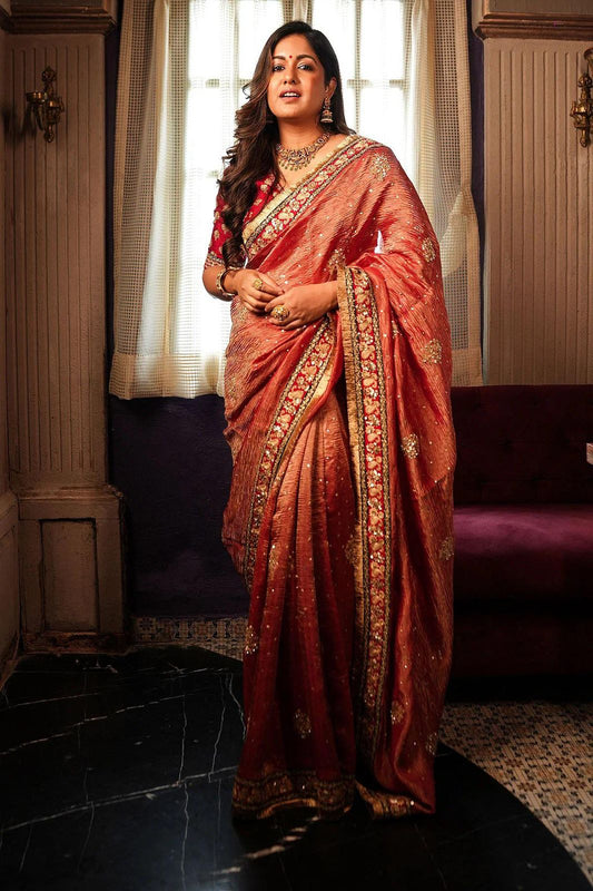 Festive Special Shimmery Tissue Embroidery Work Saree