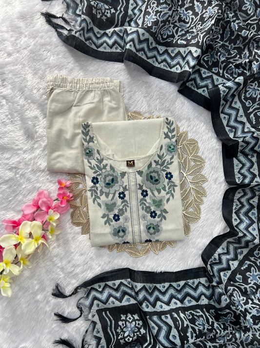 Beautiful Khadi Cotton With Embroidery Work Suit