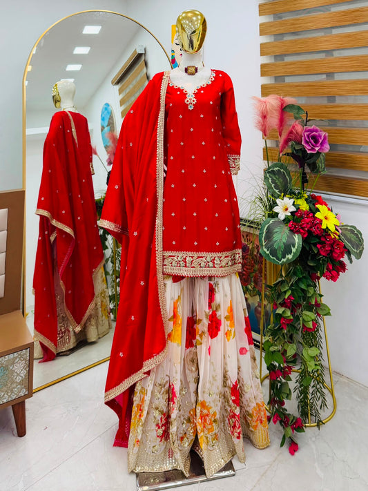 Party-wear Chinon Silk Codding Embroidery Sequence Work Sharara