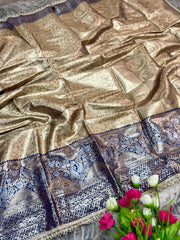 Beautiful Rich Golden-Beige & Navy-Blue Silk Saree