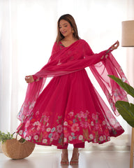 Attractive Organza Silk Printed Work Gown