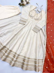 Beautiful Cosmos Gold Elegant Heavy Lace Work Designer Anarkali