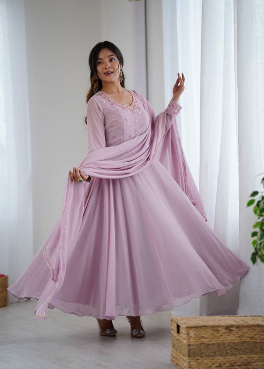 Party-Wear Georgette Handwork Neck Sleeve Fully Stitched Gown