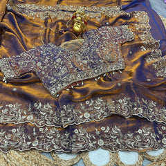 Party-wear Fendy Satin Embroidery Sequence Work Saree With Stitched Blouse