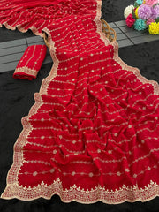 Party-wear Blooming Vichitra Silk Zari & Stone Work Saree