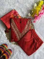 Beautiful Red Rayon Slub Embroidery With Cotton Thread Work Dress
