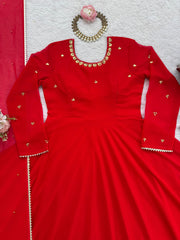Elegant Ethnic Red Georgette Hand-Work & Stone Work Gown