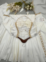 Beautiful White Upada Silk Embroidery Work Gown