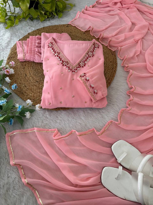 Party-wear Georgette Handwork Neck And Sleeve Gown