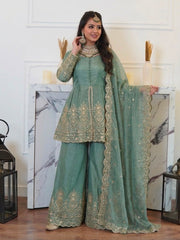 Trendy Stylish Fendy Silk Real Mirror With Embroidery Sequence Work Suit