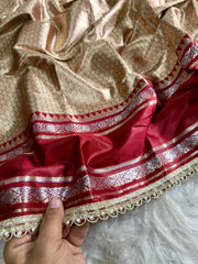 Beautiful Rich Golden-Beige And Maroon Silk Zari Weaving Saree