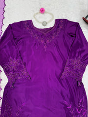 Stylish Purple Natural Crepe Beads With Thread Work Sharara Set