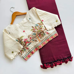 Beautiful Khadi Cotton Saree With Heavy Embroidery Work Stitched Blouse