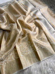 Beautiful Golden Banarasi Handwoven Embroidery Tissue Saree