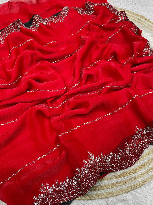 Beautiful Fandy Chiffon Two Tone Blooming & With Zarkhan Work Saree