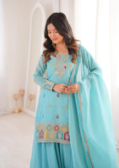 Sky Blue Heavy Embroidered Crunchy Silk Sharara Suit Set