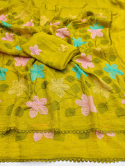 Party-wear Viscose Crunchy Silk Floral Design Embroidery Thread Work Saree