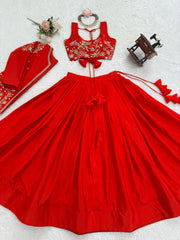 Wedding Wear Premium Red Chinon Lehenga Choli With Sequence Koti