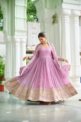 Unique Dusty Coloured Georgette Embroidery Work Gown