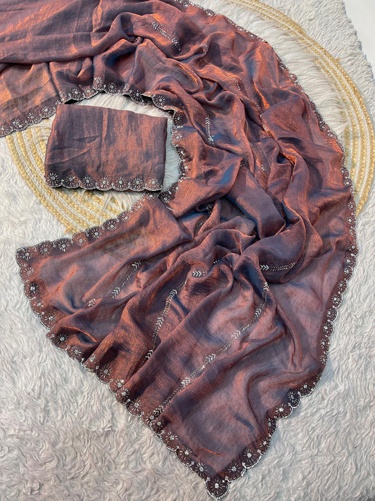 Trending Fendy Soft Two-Tone Zarkhan Work Panel In Whole Saree