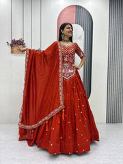 Wedding Wear Vichitra Silk Embroidery Thread & Sequence Work Lehenga With Stitched Blouse