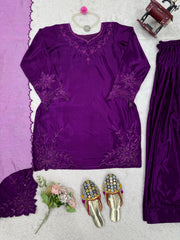 Stylish Purple Natural Crepe Beads With Thread Work Sharara Set