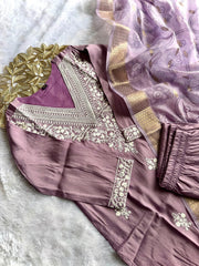 Beautiful Roman Silk With Embroidery Cotton Thread Work Dress