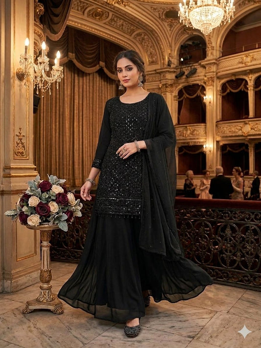 Beautiful Black Georgette Beads Sequence Embroidery Work Suit