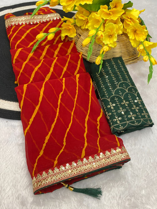 Beautiful Leheriya Designer Printed Coding Sequence Work Saree