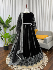 Blockbuster Black Viscose Velvet Thread With & Sequence Work Lehenga Choli