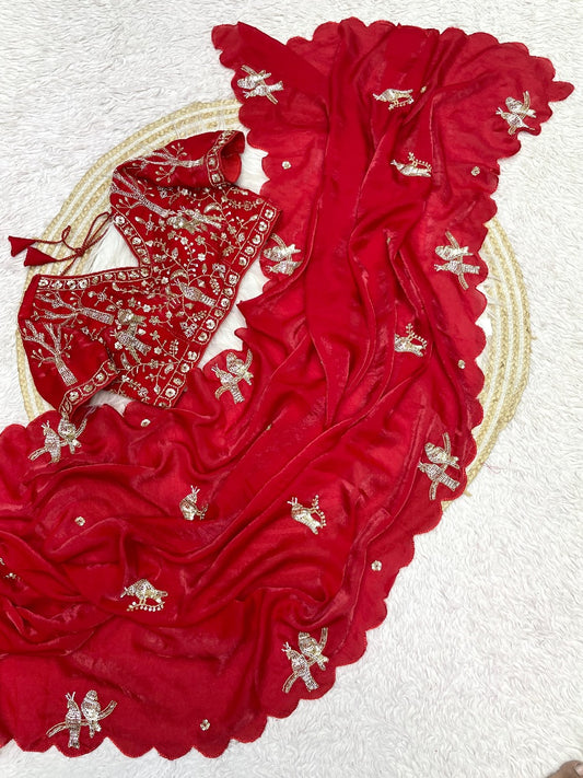 Party-wear Soft Fandy Satin Silk Handwork Saree With Stitched Blouse
