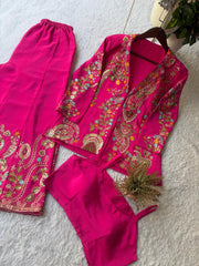 Trendy Stylish Chinon Silk Sequence Embroidery Work Three Piece Set