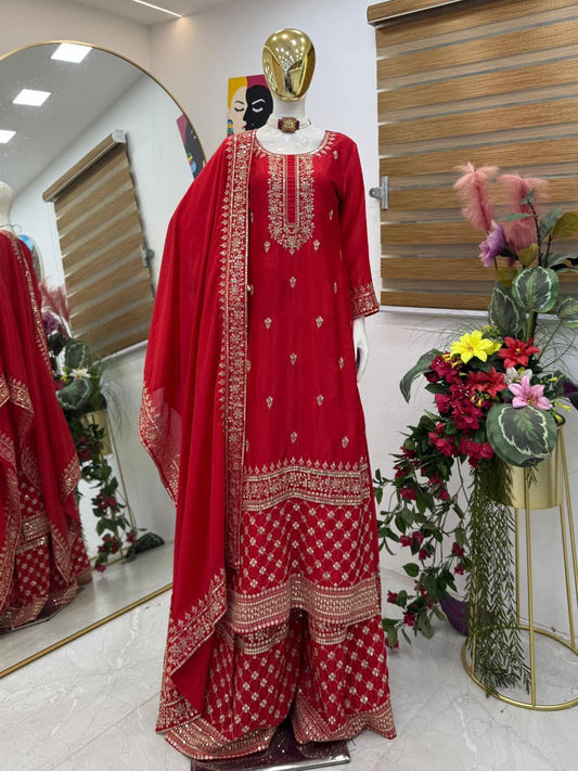 Elegant Red Festive Kurta Sharara Set with Designer Dupatta