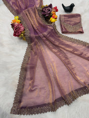 Beautiful Party-wear Satin Space Silk Zarkhan Diamond Work Saree