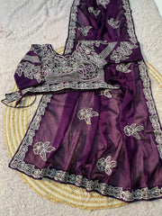 Party-wear Rangoli Silk Sequence Thread Border Work Saree With Stitched Blouse