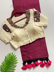 Beautiful Pure Khadi Cotton With Apllic Work Elephant Designer Blouse Saree