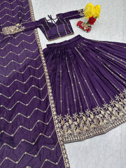 Festive Special Vichitra Silk Embroidery Thread & Sequence Work Lehenga With Stitched Blouse