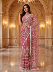 Party-wear Net Beads Sequence & Pearls Embroidery Work Saree