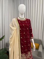 Elegant Ethnic Viscose Velvet Thread & Sequence With Pearl Work Suit