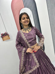 Festive Special Vichitra Silk Embroidery Thread & Sequence Work Lehenga With Stitched Blouse