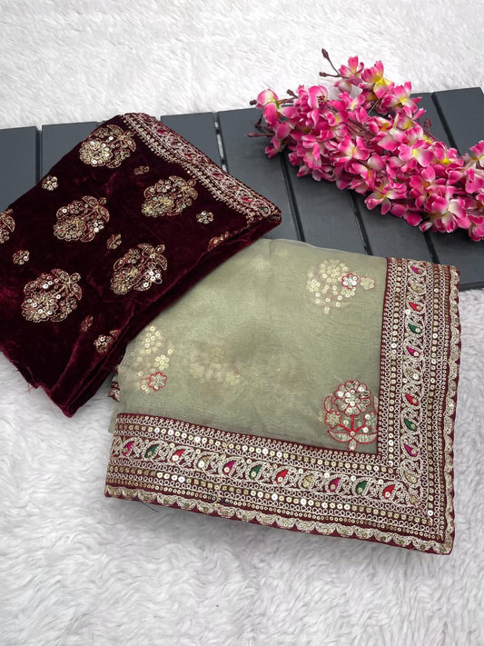 Party-wear Organza Silk Coding Embroidery Multi Thread Work Saree