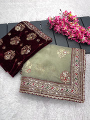Party-wear Organza Silk Coding Embroidery Multi Thread Work Saree