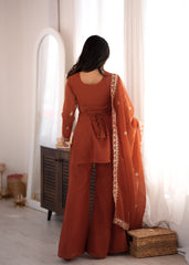 Trendy Rust Crunchy Silk Embroidery Sequence Work Sharara