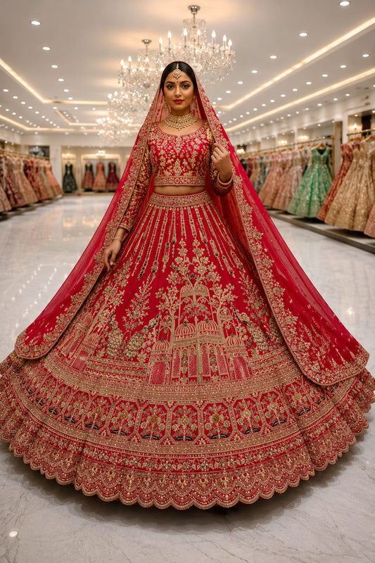 Trending Premium Silk With Zarkan Diamond & Embroidery Work Red Bridal Lehenga
