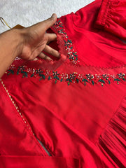 Beautiful Cherry Red Pure Mul Cotton Chanderi Gown